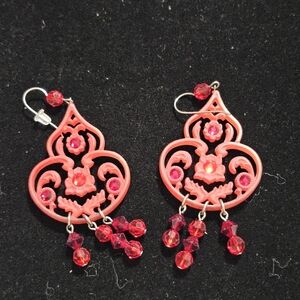 Red Filigree Dangle Earrings with Bead Drops